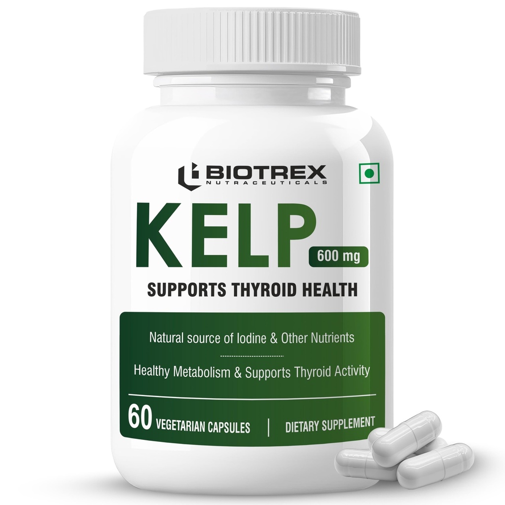 Biotrex Nutraceuticals Kelp Extract 600mg | Richest Vegan Source of Iodine | Supports Thyroid Health & Healthy Metabolism with Soluble Fiber - 60 Veg Capsules