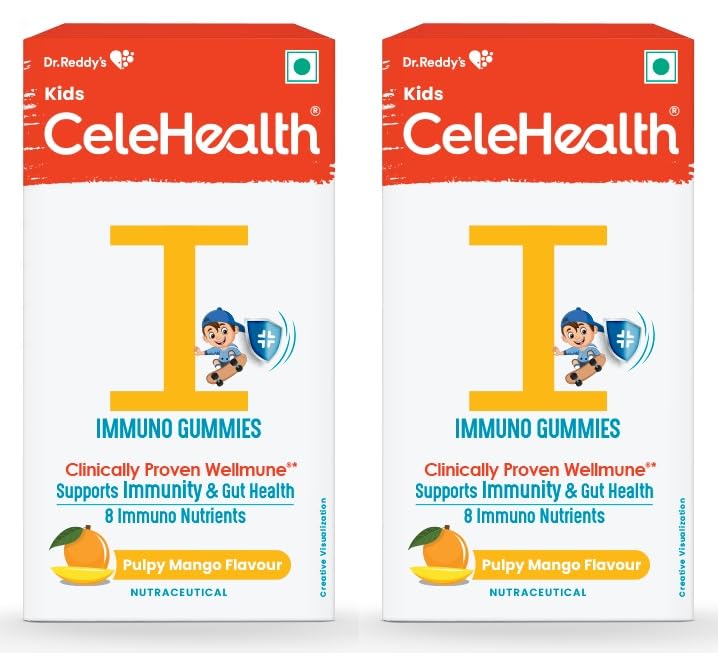 Dr. Reddy's CeleHealth Kidz Immuno Plus Multivitamin Gummies with Wellmune, Vitamin C & Zinc for Kids (4 - 12 Years) | Supports Immunity and Digestion | Pulpy Mango Flavour | 30 Gummies - Pack of 2 | 100% Vegetarian