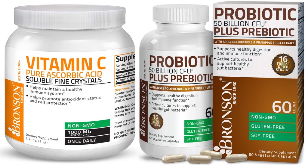 Bronson Probiotic 50 Miljard CFU + Prebiotic met Apple Polyfenolen & Ananas Fruit Extract Vitamine C Poeder Pure Ascorbinezuur Oplosbaar Fijn Niet GGO Crystals