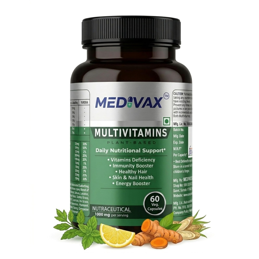 Plant-Based Multivitamin Supplement for Men & Women With Vitamin B1, B2, B3, B5, B6, B7, B9, B12, A, C, D3, E, Calcium, Megnesium, Potassium, Iron, Sodium, Zinc, To Daily Nutritional Support for Immunity, Increase Energy, Boost Stamina, Hair Skin & Nails, And Overall Health Vitamin Deficiency Support, 1000mg Nutraceutical (60 Veg Capsules)
