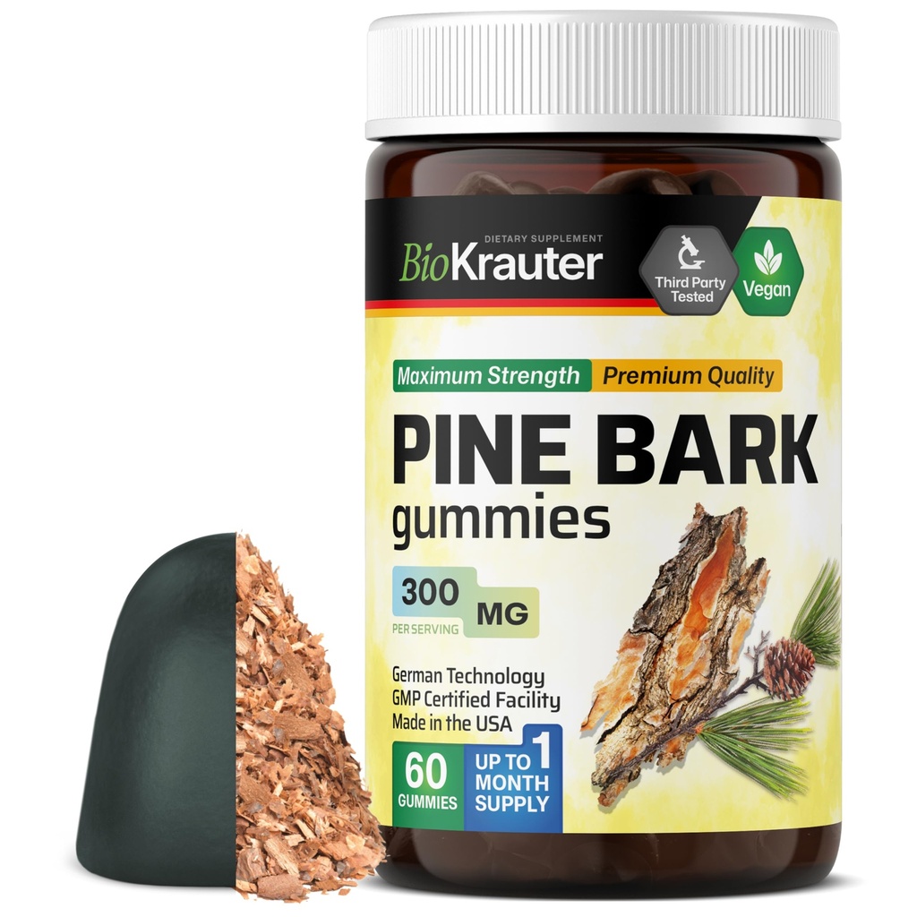 BIO KRAUTER® Pine Bark Extract for Circulatory & Antioxidant Support - Vegan French Maritime Pine Bark Herbal Supplements - Natural Antioxidants & Skin Support - 300 mg per Serving, 60 Gummies