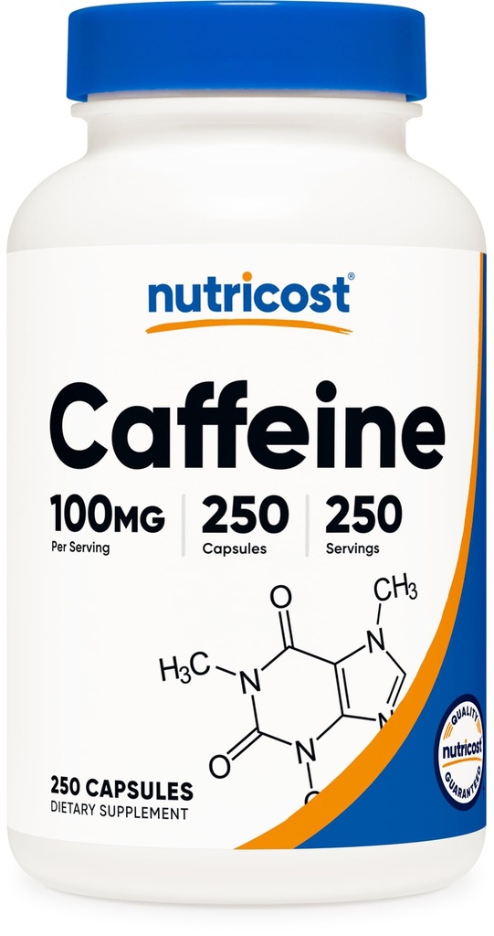 Nutricost Cafeïne Pillen 100mg per portie, 250 Capsules