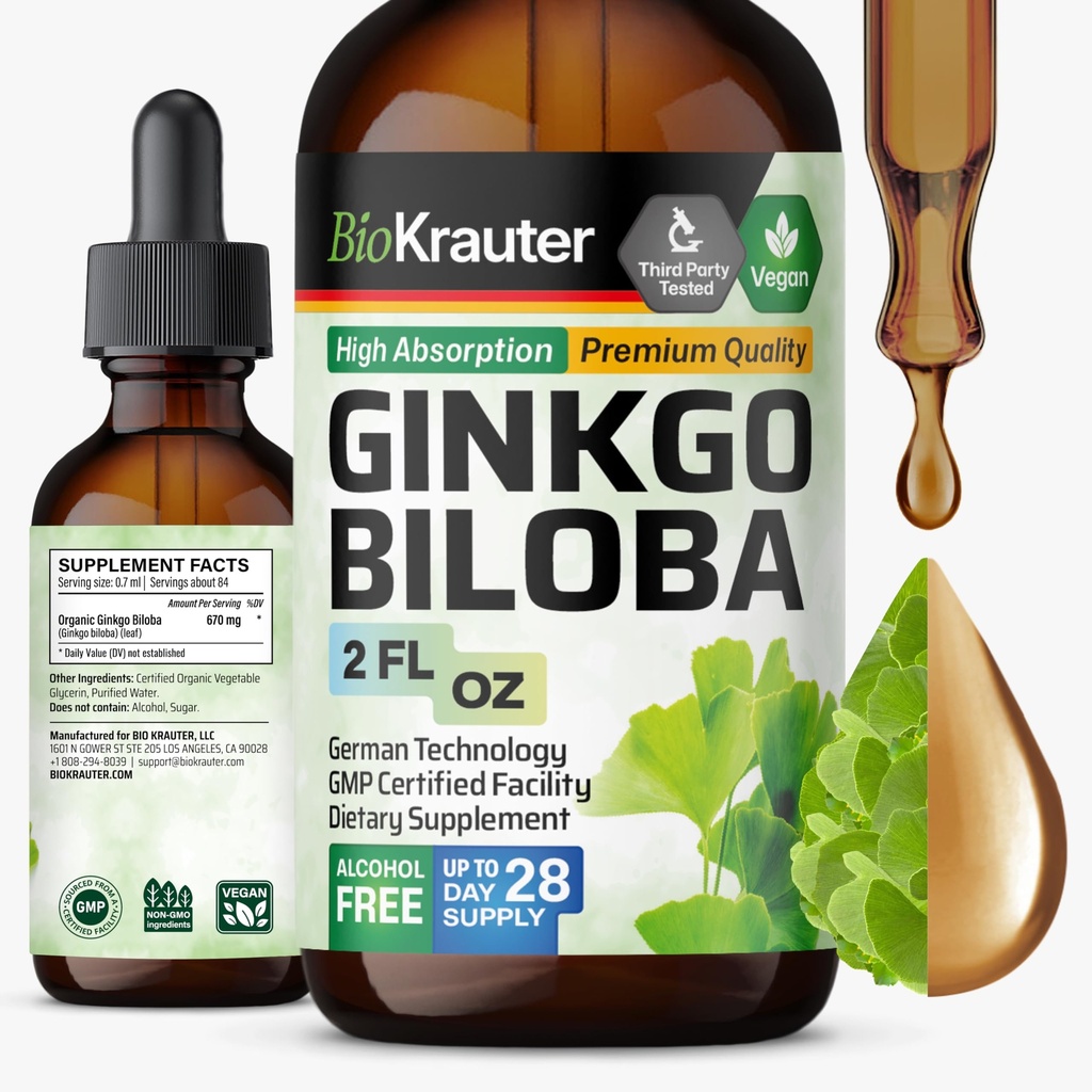 BIO KRAUTER® Ginkgo Biloba for Brain Support - Pure Vegan Ginkgo Biloba Supplement 670 mg - Supports Calm, Focus & Memory - Alcohol & Sugar Free, 2 Fl.Oz 28-Day Supply, Liquid Drops for Brain Health
