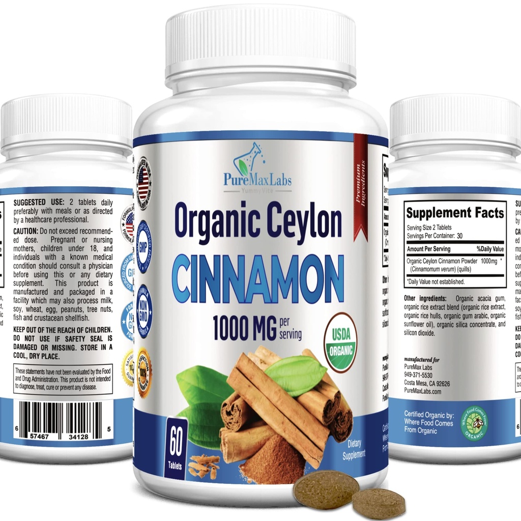 Biologische Ceylon Cinnamon - 1000mg per Serving, Certified Organic True Cinnamon Supplement, antioxidant, Fast Absorptie - 60 tabletten