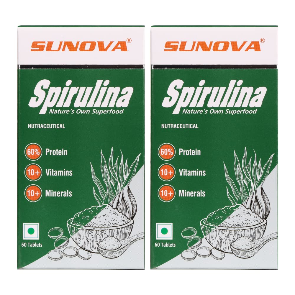 SUNOVA Spirulina Tablets – Nature’s Own Superfood and Plant based Nutritional Supplement , 60% Protein, Full of Multivitamins and Minerals - Spirulina and Blue-Green Algae for Full Body Support & Energy – 60 Tablets (Pack of 2)