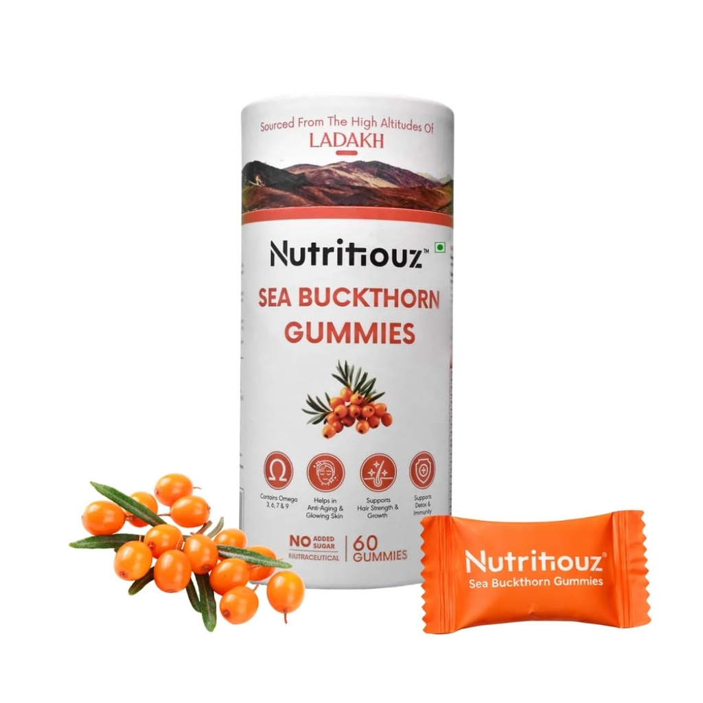 Seabuckthorn Gummies for Immunity & Glowing Skin | Rich in Vitamin C, Omega 3,6,7,9 & Antioxidants | Boosts Immunity, Brightens Skin | Pack of 60 Gummies