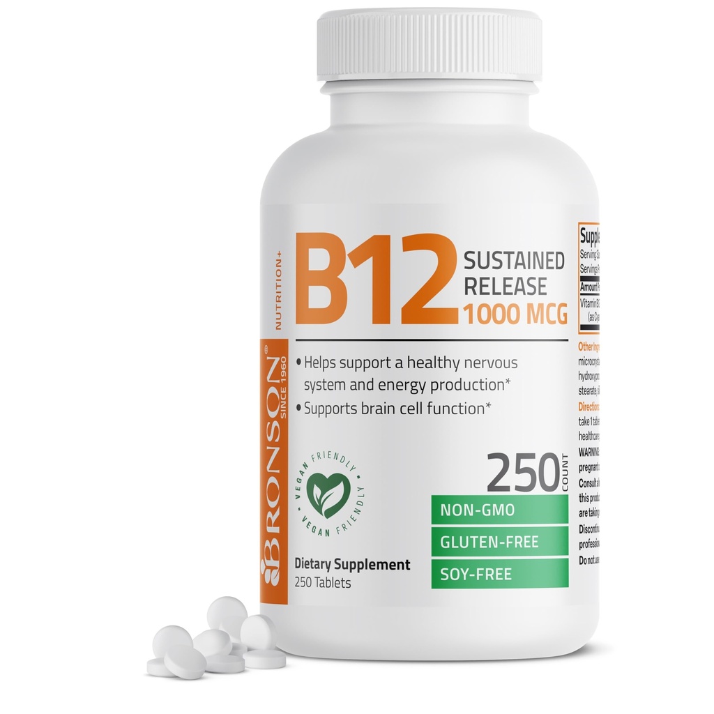 Bronson Vitamine B12 1000 mcg Sustained Release Premium Niet-GMO-tabletten Ondersteunt zenuwstelsel, gezonde hersenfunctie en energieproductie, 250 Tel.