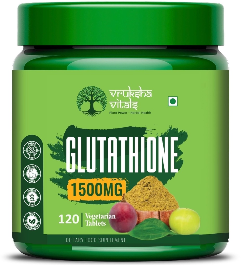 Vruksha Vitals Glutathione Tablets for Skin Whitening 1500 mg - 120 Capsules with Veg Collagen, Biotin, Vitamin E, Vit C, Vit B6 & Curcumin, Milk Thistle, Amla, Grapeseed Extracts - Plant based Supplement