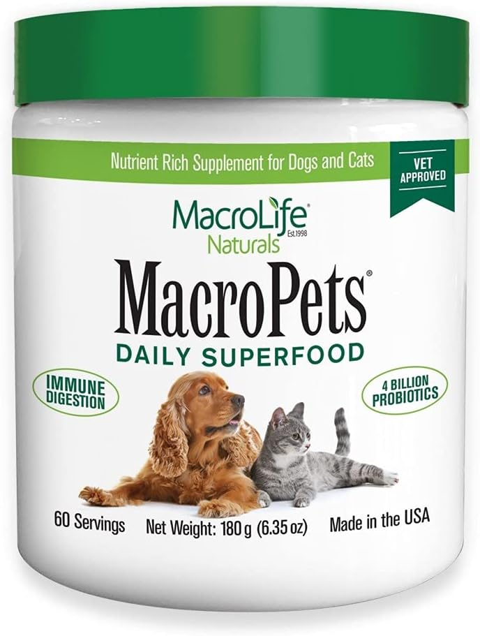 MacroLife Naturals MacroPets Greens Superfood Supplement Powder Topper voor hondenkat kleine zoogdieren, natuurlijke voeding Boost Probiotica Verteringsenzymen Vitamine E - Immune Gut Health & Energy - 6,35oz