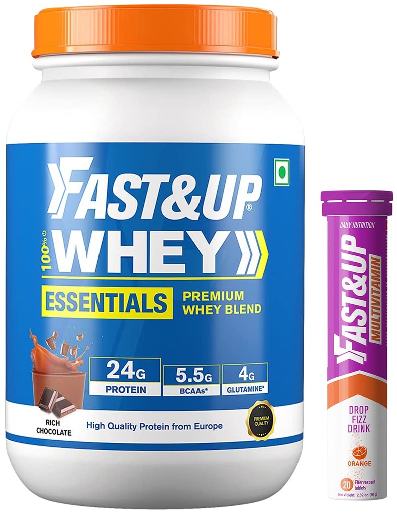 FAST&UP Essentials Whey Protein Isolate Blend (Rich Chocolate flavour) & Fast&Up Vitalize Mutivitamin Supplements, 20 Tablets - Orange Flavor