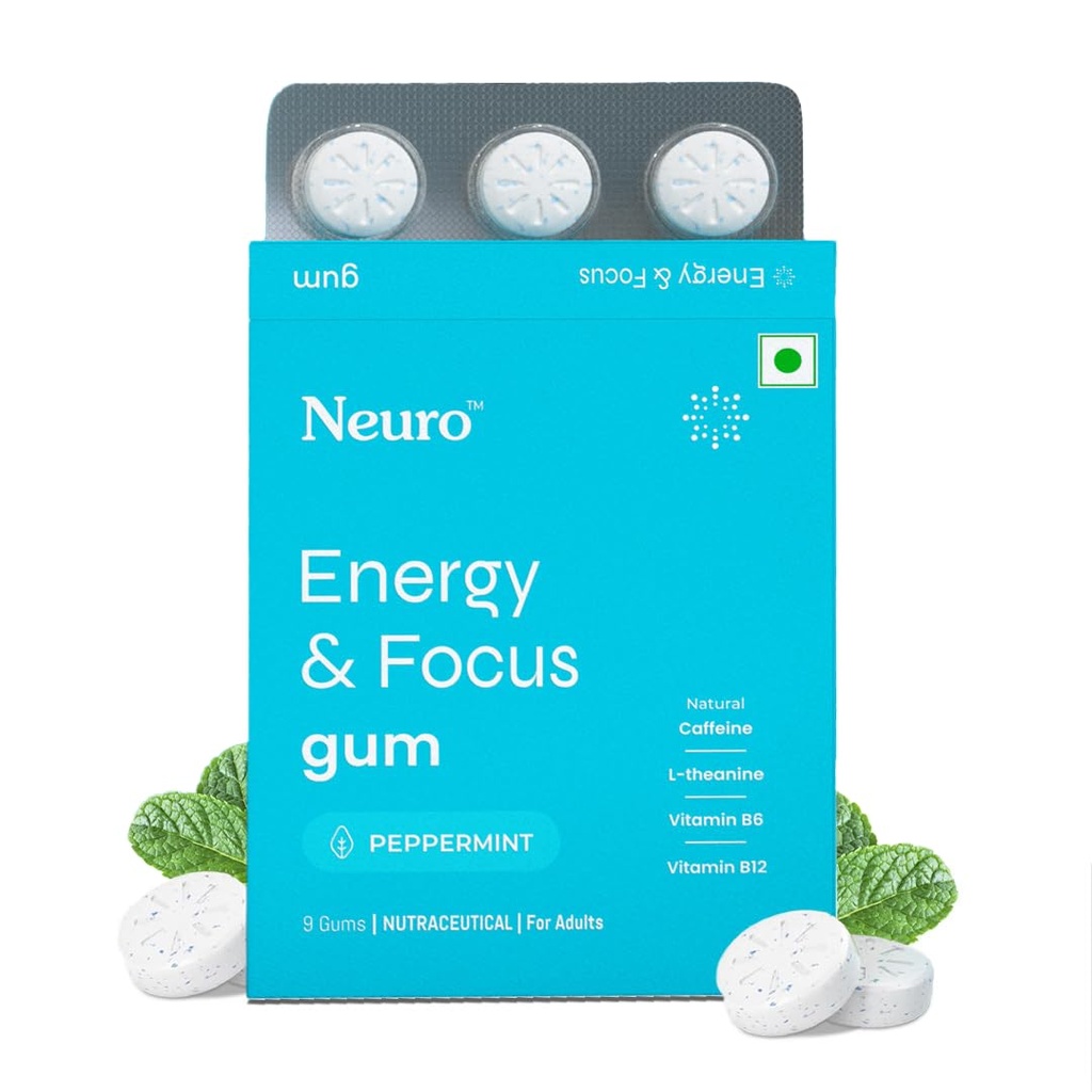 Neuro Energy & Focus Gum - Peppermint | Quick Energy Boost & Enhanced Focus | Natural Caffeine + 60 mg L-Theanine + Vitamin B6 & B12 | No Added Sugar | Aspartame Free | 18 Gums