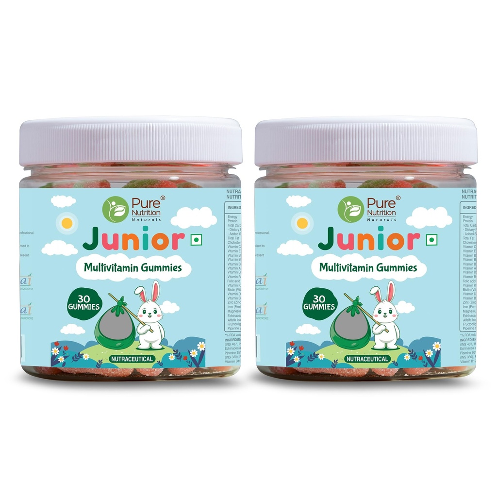 Pure Nutrition Multivitamin Kids Gummies (60 Veg Gummies) with Free Toy | Ashwagandha, Vitamin B & Lysine | Supports Child's Immunity, Bone Health, Memory & Overall Growth | Strawberry Flavour
