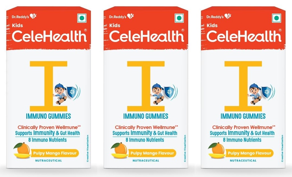 Dr. Reddy's CeleHealth Kidz Immuno Plus Multivitamin Gummies with Wellmune, Vitamin C & Zinc for Kids (4 - 12 Years) | Supports Immunity and Digestion | Pulpy Mango Flavour | 30 Gummies - Pack of 3 | 100% Vegetarian