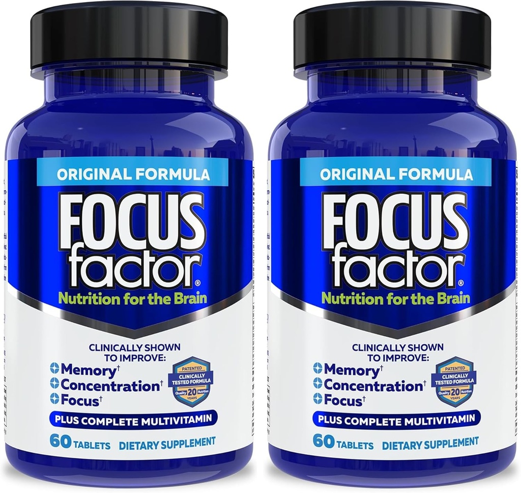 Focus Factor Nutrition for The Brain, Improved Memory & Concentration Brain Supplement, Complete Multivitamine with Vitamins B6, B12, D, Bacopa Monnieri & Tyrosine, 60 Count (pack of 2)
