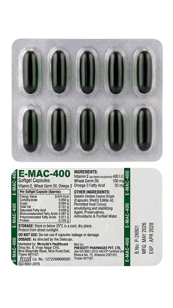 E-MAC-400 Vitamin E Capsules 400 IU with Wheat Germ Oil & Omega-3 - Antioxidant Supplement for Skin, Hair & Immunity Support(pack of 20 Capsules)