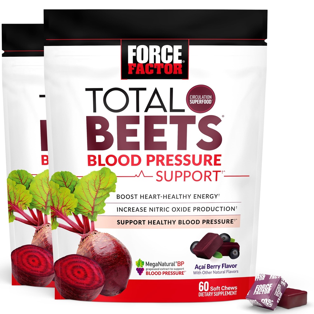 Force Factor Total Beets Blood Pressure Support Supplement met bietenpoeder, Geweldige kauwtabletten voor hart-gezonde energie, en verhoogde stikstofoxide, 120 kauwgom, 2-pack