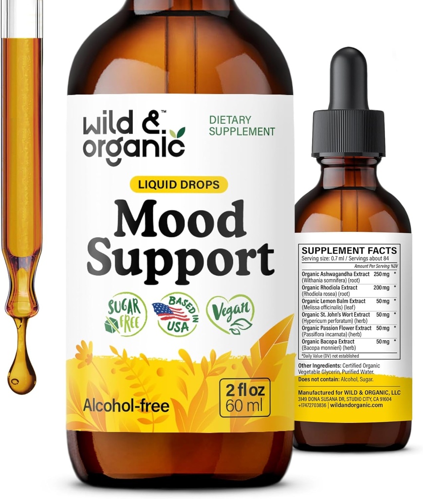 Wild & Organic Mood Support Drops - Good Mood Supplements w/Ashwagandha Root & Rhodiola Rosea - Natural Liquid Drops for Positive Energy - Calm and Relax Supplements for Women and Men - 2 oz