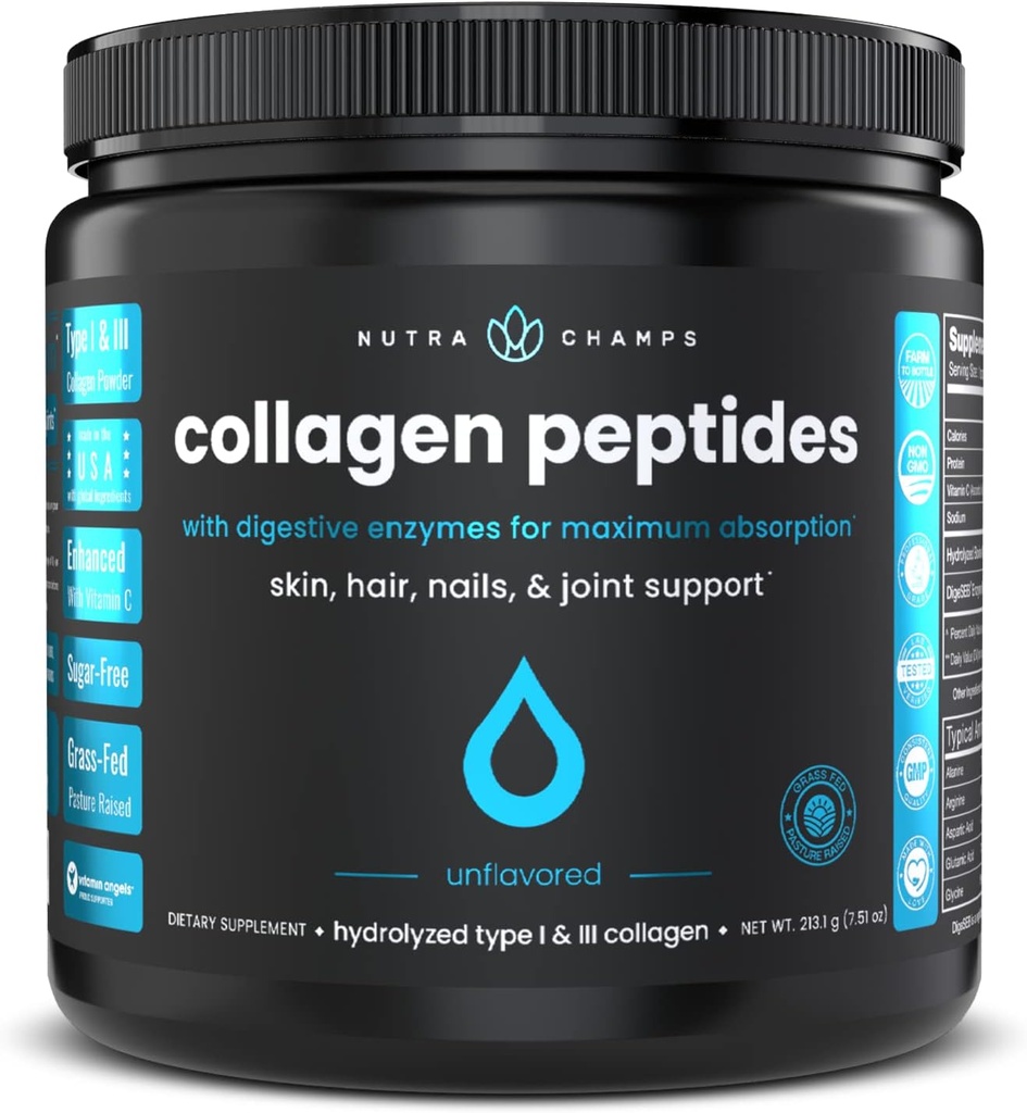 Collagen Peptides Powder - Enhanced Absorption, Double Hydrolyzed, Grass Fed, Keto Protein Powder with Vitamin C - Premium Supplement for Hair Growth, Skin, Nails, Joints & Bones, Unflavored
