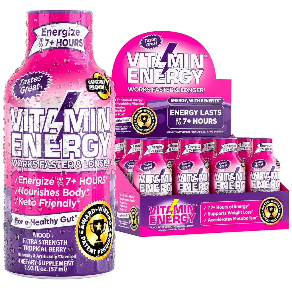 Vitamin Energy Mood+ Energy Shot – Tropical Berry – 100% DV B-Vitamins & 260mg Plant-Based Caffeine – Zero Calories, Sugar-Free, Vegan, Non-GMO – Mood & Energy Support – 1.93 fl oz, 12-Pack