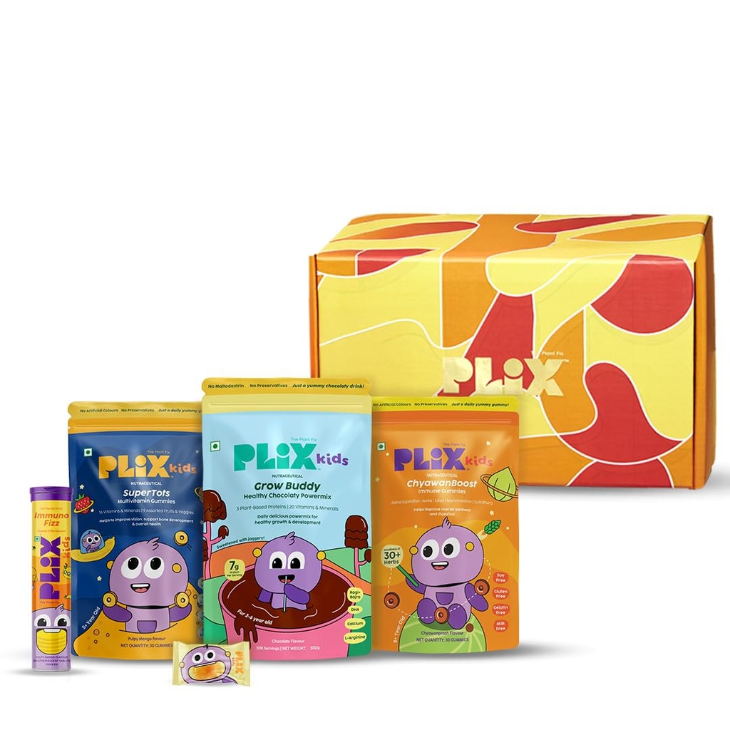 PLIX-THE PLANT FIX Daily Nutrition Gift Box For Kids | Immunofizz, Growbuddy Powermix, Chaywanboost Gummies, Supertots Multivitamin Gummies | For Immunity & Overall Growth | Premium Gift Packaging