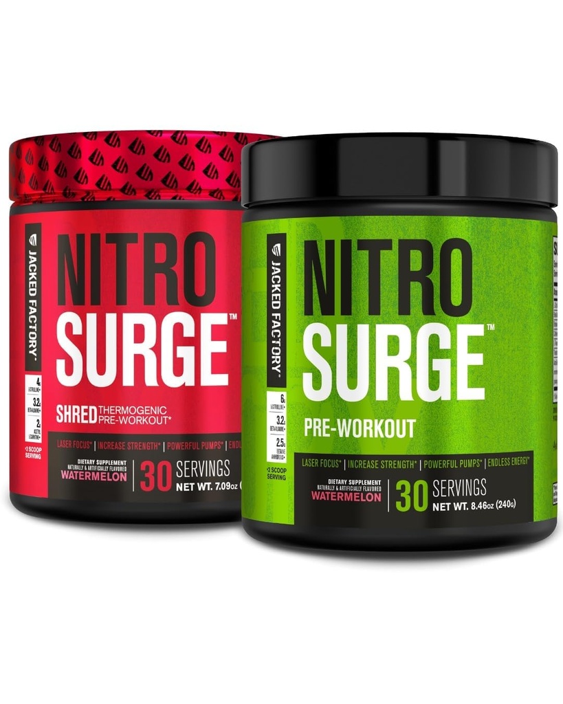 Ge Jacked Factory Nitrosurge Shred Thermogenic Pre-workout in Watermeloen & Watermeloen Nitrosurge Pre-workout voor mannen & vrouwen
