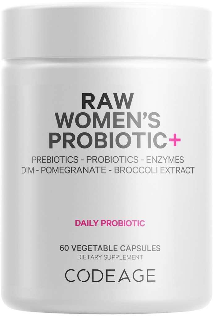 Codeage Rauwe vrouwen Probiotische+ Supplement - 34 Probiotische Strains, 100 miljard CFUs, Digestieve enzymen, Prebiotische Blend, DIM, Kruidenextracten, Phytonutriënten - Non-GMO - 30 Capsules