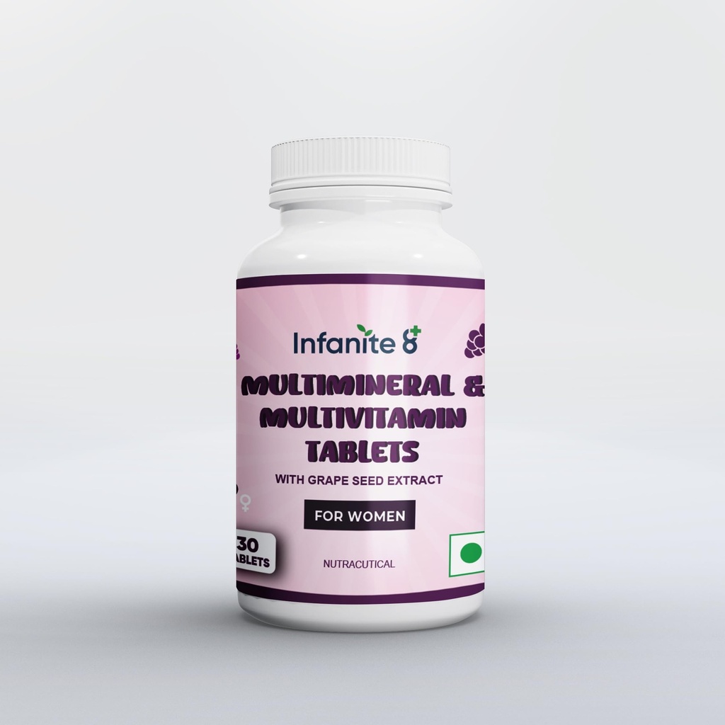 infanite 8 Multivitamin & Multimineral Tablets for Women with Grape Seed Extract, Biotin & 30 Key Nutrients | Immunity, Energy, Skin, Hair, Bone & Hormonal Support | 30 Tablets