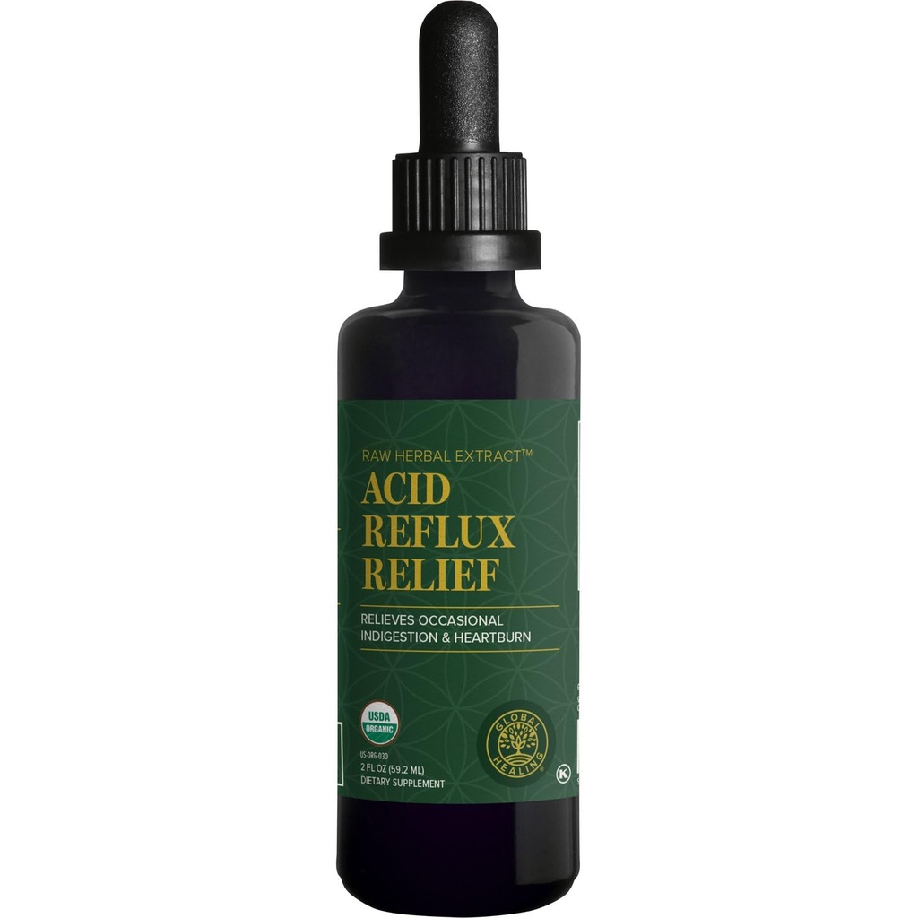 Global Healing Acid Reflux Relief Organic Liquid Supplement W/Slippery Elm - helpt Maag, brandend maagzuur, Indigestie - Ondersteunt de verdediging van het lichaam tegen spijsverteringsproblemen - 2 Fl oz