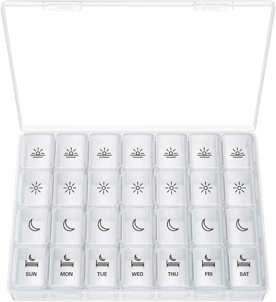 XL Pill Organizer 4 keer per dag, BUG HULL Extra Large Weekly Pill Box Case, 7 dagen vitamine Container dagelijkse pil houder voor kabeljauw-liver olie, vitamines, supplementen (White)