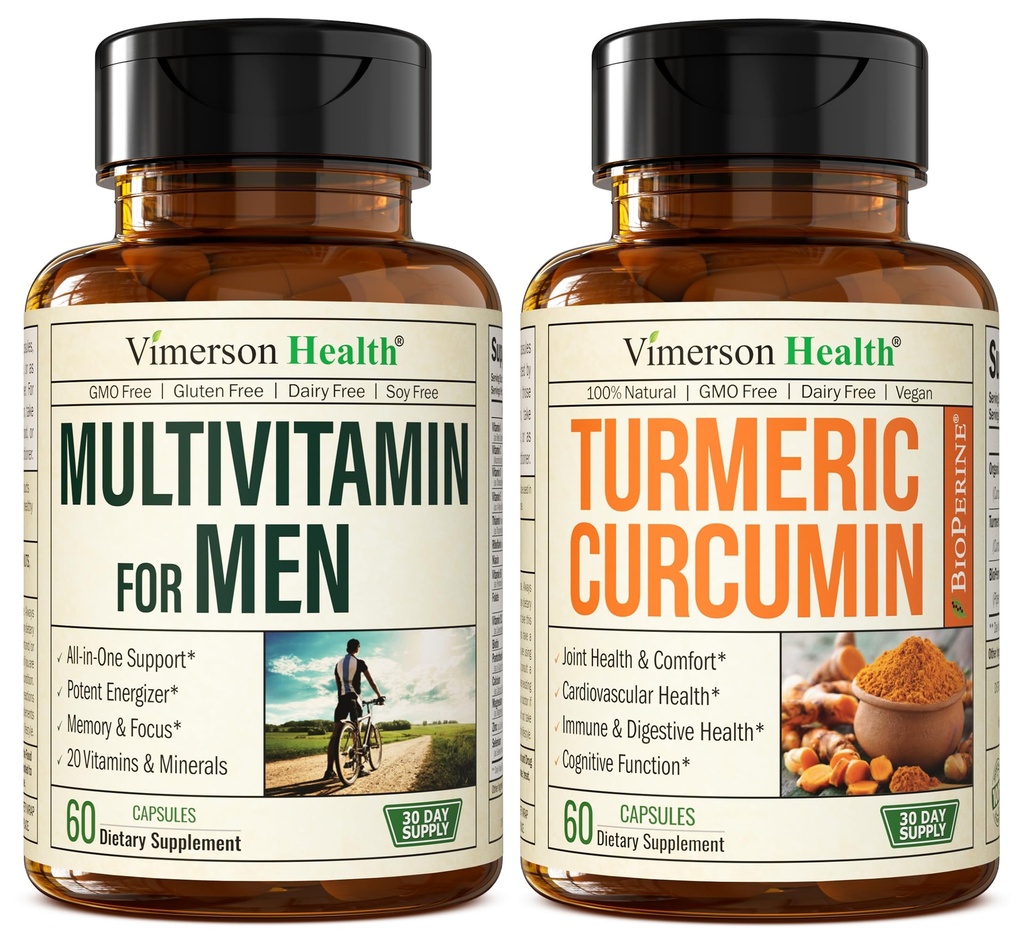 Vimerson Health Mannen Multivitamine + Kurkuma Curcumine met Black Pepper Extract Bundle. Gezamenlijke en Immuun Ondersteuning, Ongemak Relief, Antioxidant Eigenschappen voor Hem