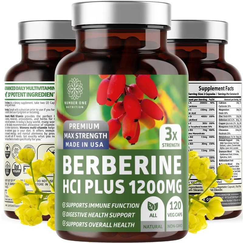 Number One Nutrition N1N Premium Berberine Plus 120 Caps, 1200mg, Natural Supplement ondersteunt anti-aging, Cellular Health, Energie en spijsvertering