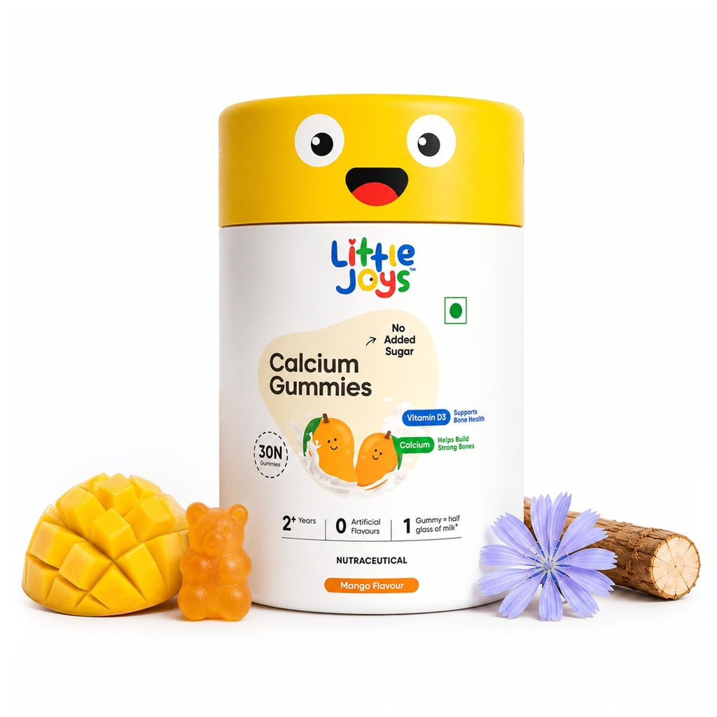 Little Joys Calcium & Vitamin D Gummies for Kids (4+ years) With No Sugar Added | For Stronger Bones, Joints, Teeth & Immunity | Mango Flavour | 30 Gummies