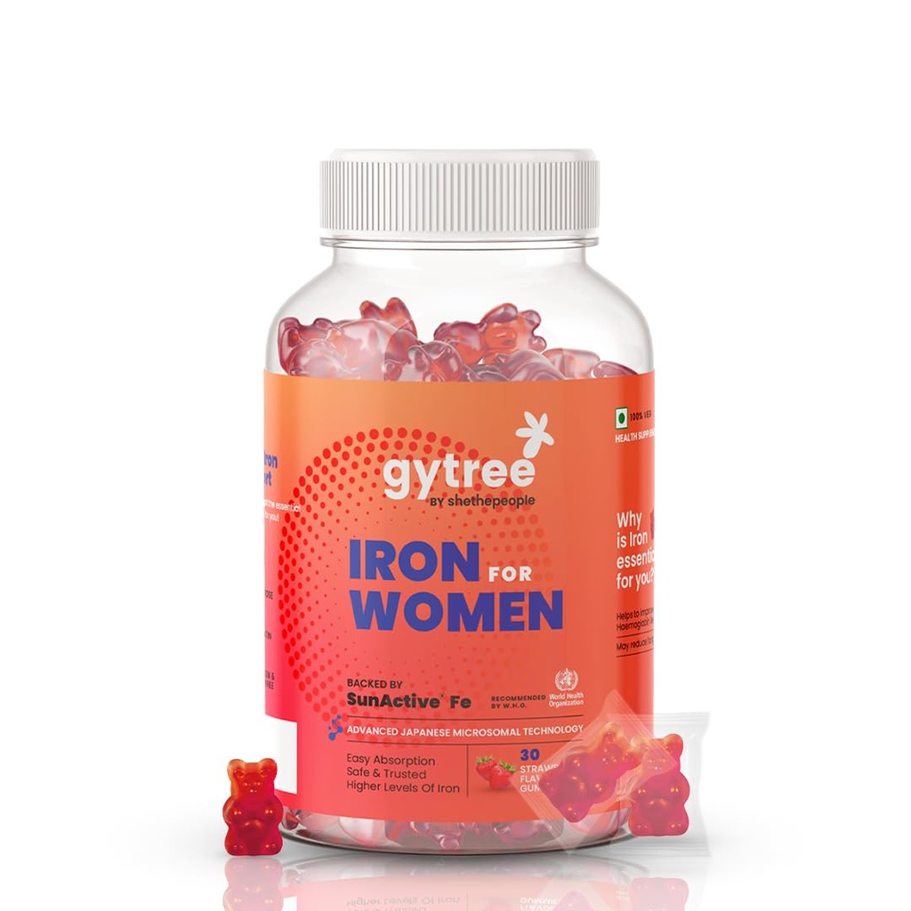 Gytree Iron Gummies for Women with W.H.O. Recommended SunActive Fe | Pregnancy Safe Clinically Proven Iron Supplement For Women | Boosts Haemoglobin & Body Immunity |Helps Treat Anaemia (Pack of 30)