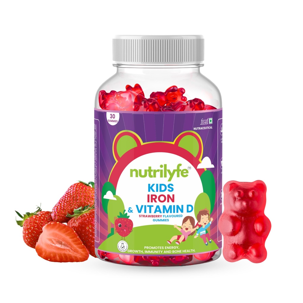 Iron & Vitamin D Gummies for Kids | Promotes Energy, Growth, Immunity & Bone Health | Improves Haemoglobin as it Contains Multivitamins | Bear Shaped 30 Gummies-Strawberry Flavored Gummy