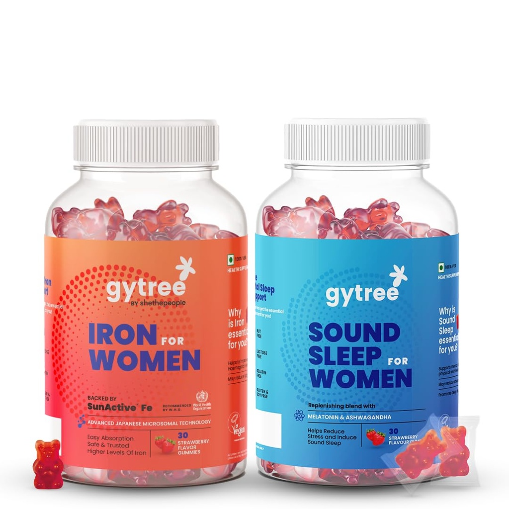 Gytree Iron & Sleep Gummies for Women | SunActive Fe for Haemoglobin & Immunity | Melatonin & Ashwagandha for Restful Sleep & Stress Relief | Pregnancy Safe, Non-Addictive | 100% Vegan | Pack of 30+30