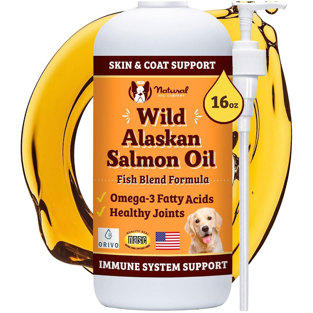Natural Dog Company Wild Alaska Salmon Oil Formula with Omega 3, Fish Oil for Dogs Supplement, Skin & Coat Dog Oil, Itchy Relief, Immune Support for Joints & Heart, Food Topper, 16 oz.