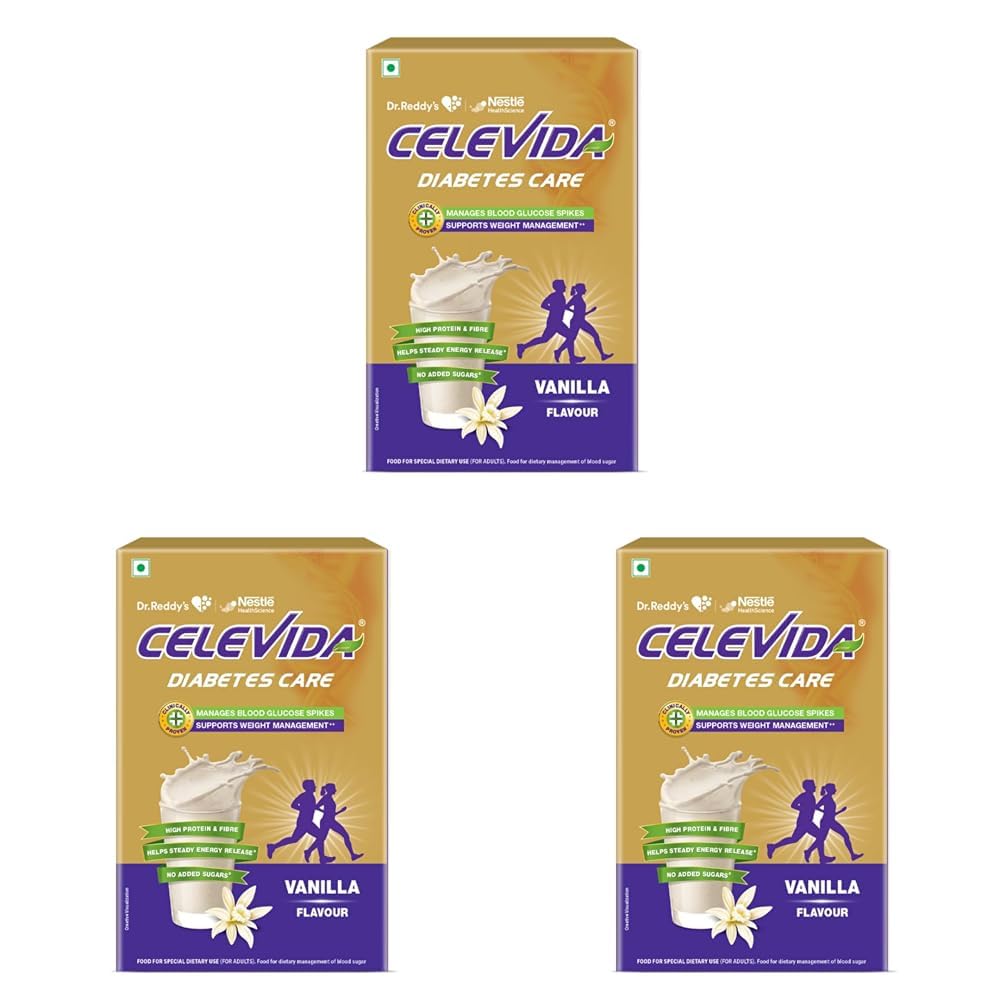 Celevida Protein Powder Drink for Diabetes Management by Dr. Reddy’s | Vanilla Flavour | No Added sugar | Plant based | For Sugar control, Weight Management & Immunity Support | 400gm BIB (Pack of 3)