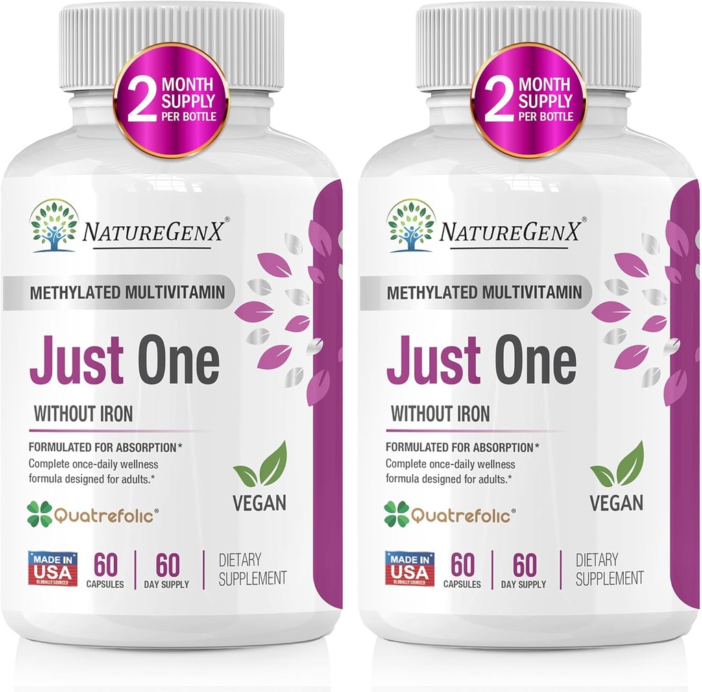 Slechts één dagelijkse gemethyleerde multivitamine met Methyl B12, Quatrefolic Methylfolaat, Pure MTHFR Supplement voor mannen en vrouwen zonder ijzer, 2 flessen (60 Vegan Capsules), USA-Made
