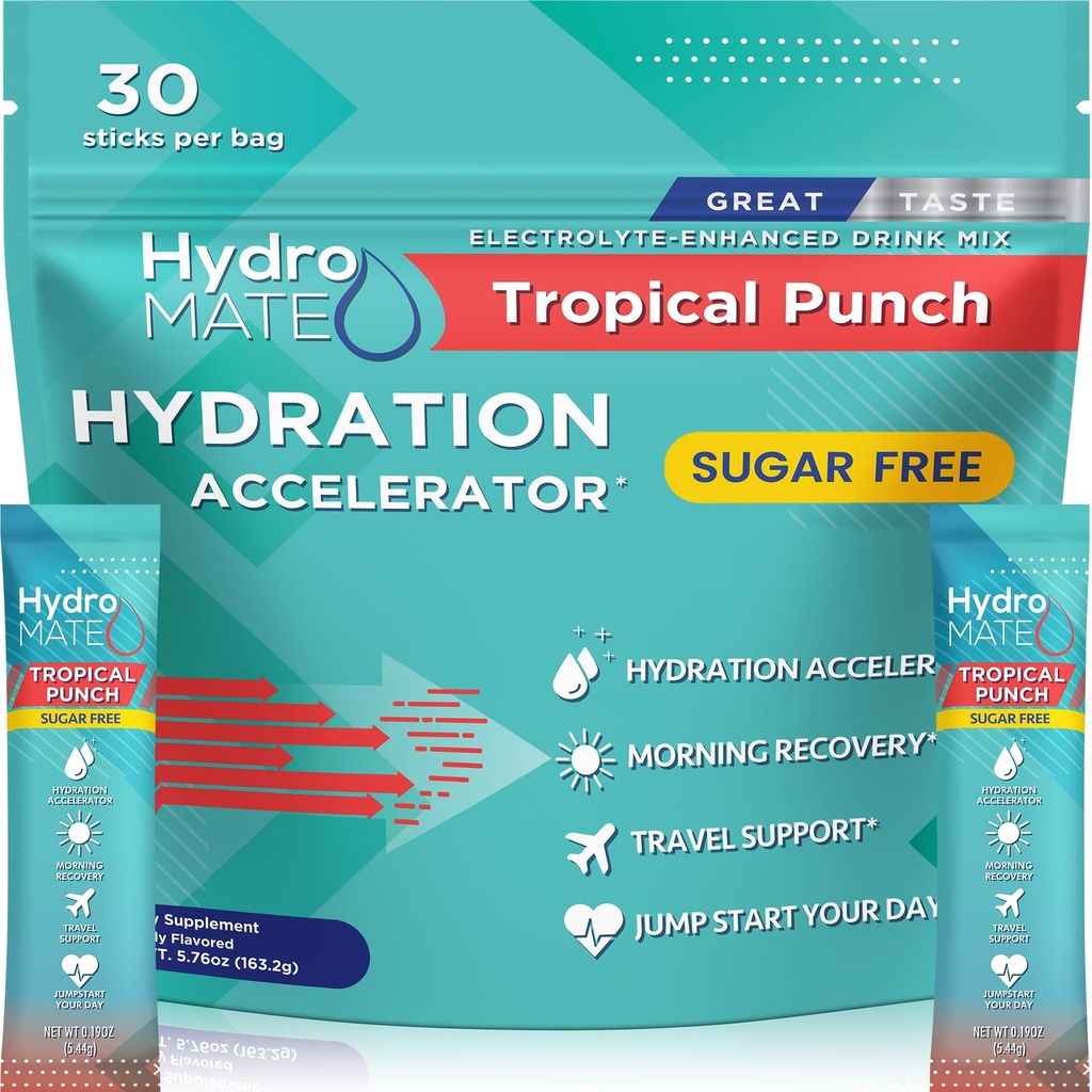 Elektrolytpoeder Suikervrije Hydration Packets Tropische Punch HydroMATE 30 Sticks