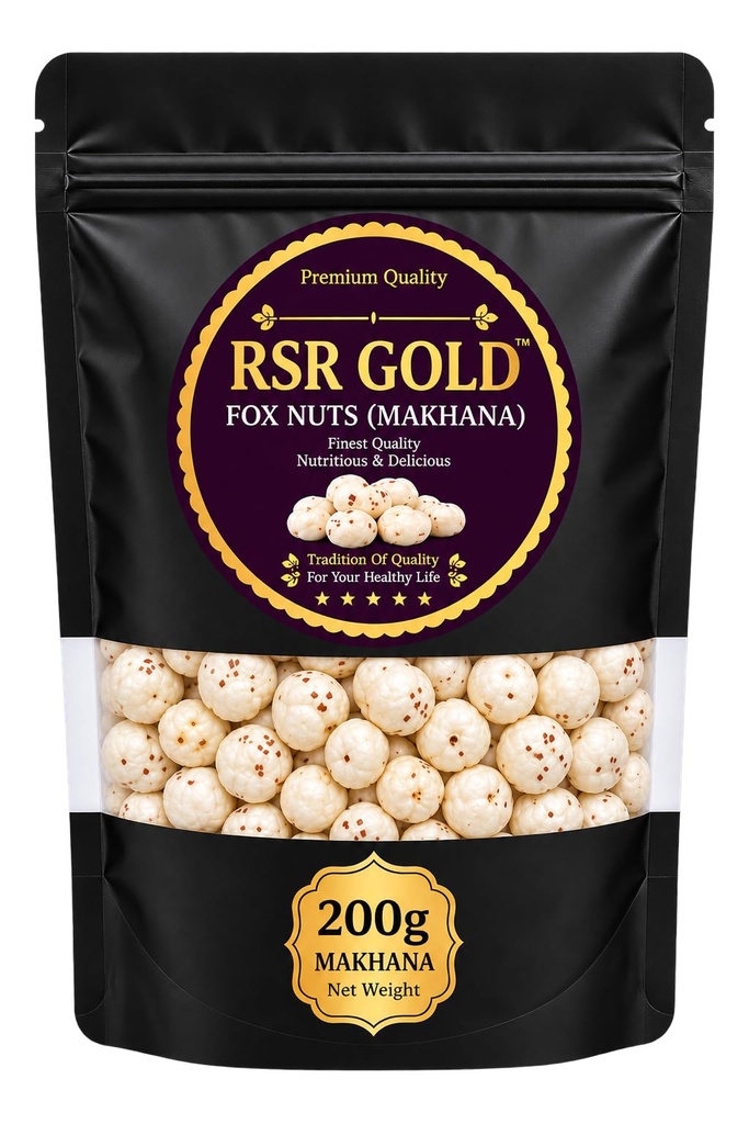 RSR GOLD Premium Fox Nuts Makhana, Organic, 200g, Gluten-Free Crunchy Dry Fruit Snack for Roasting, Fasting, Breakfast and Everyday Recipes