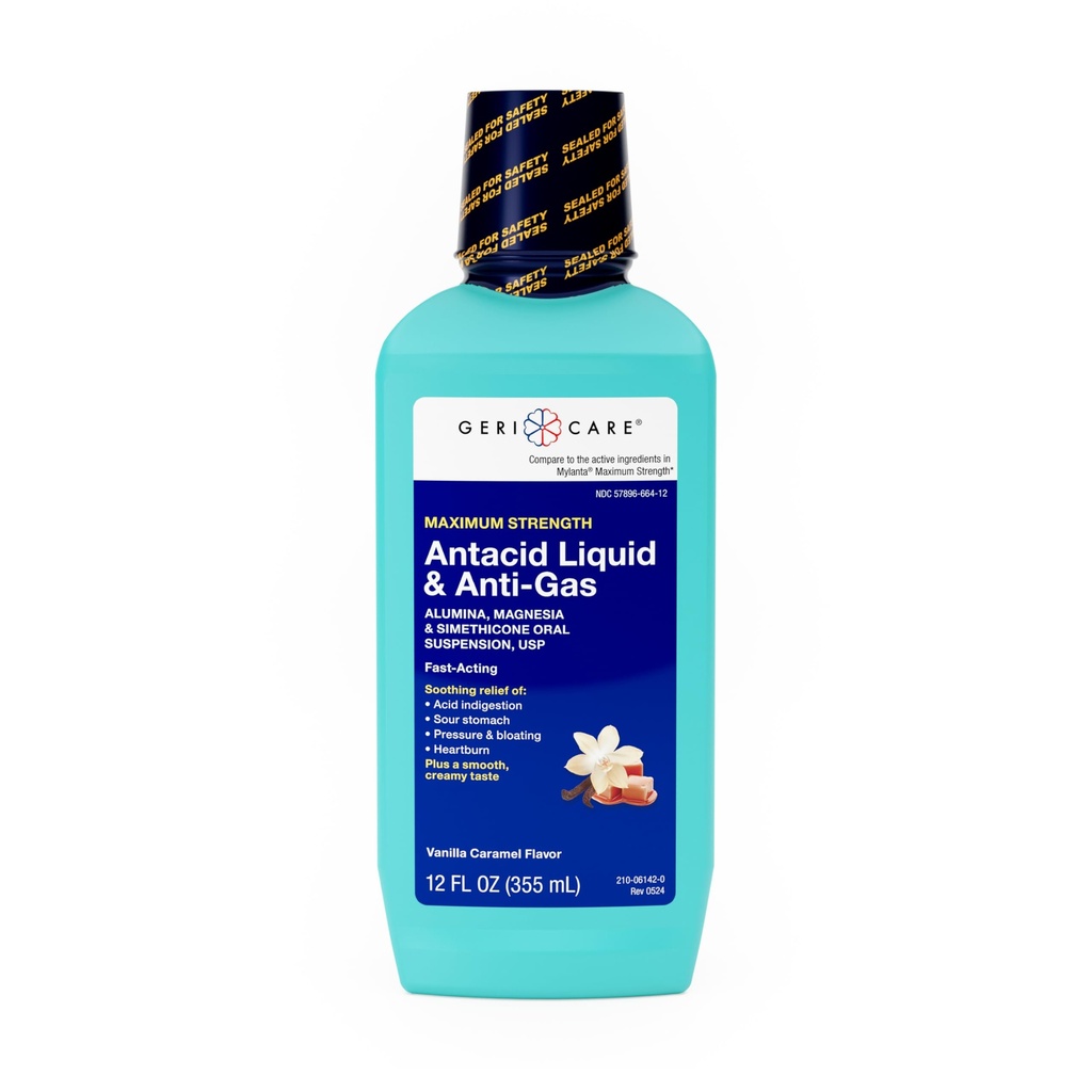 GeriCare Antacid Liquid & Anti-Gas Relief, maximale sterkte voor brandend maagzuur, zuurreflux, zuurmaag, druk & opgeblazen, zuur indigestie, & gas, vanille caramel smaak, 12 fl oz.