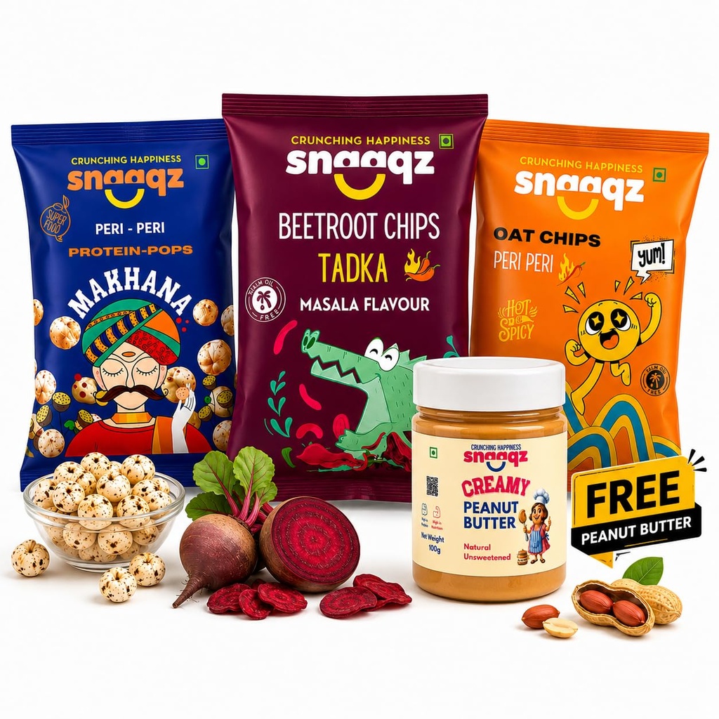 Snaaqz Healthy Snacks Combo (Beetroot Chips, Peri Peri Makhana & Oat Chips) + FREE Peanut Butter | High Protein, Gluten Free, No Palm Oil | Crunchy Diet Snacks Pack