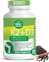 K2 D3 Vitaminesupplement met BioPerine - Vegan Calcium met Vitaminen K en D - Advanced D3K2 VIT 5000 IE - 60 Vegan D3 Plus K2 MK-7 Complexe Nutritional Capsules for Heart & Bone Health (1