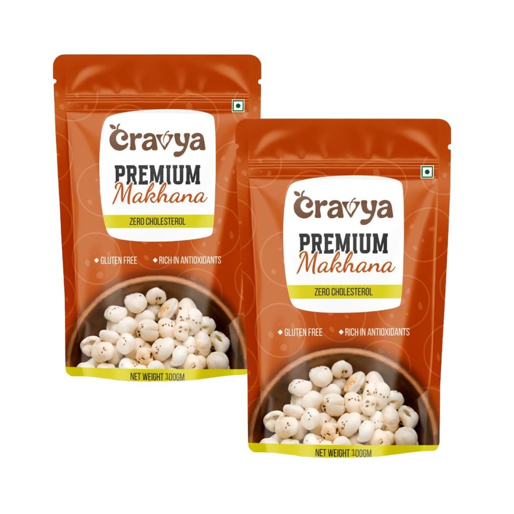 Cravya Plain Makhana Fox Nuts Pack of 2 | Premium Raw Lotus Seeds | Ready to Cook Healthy Snack | Light Crunchy Makhana for Fasting Daily Snacking and Recipes | 100g Each