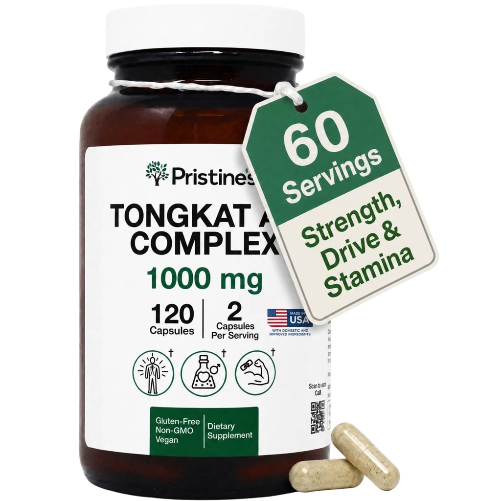 PRISTINE'S Tongkat Ali Capsules - 1000MG 60 Day Supply - Athletic Performance Support - Lean Mass Muscle Building Kruidensupplement voor mannen en vrouwen - Veganistisch, Glutenvrij, Niet GGO