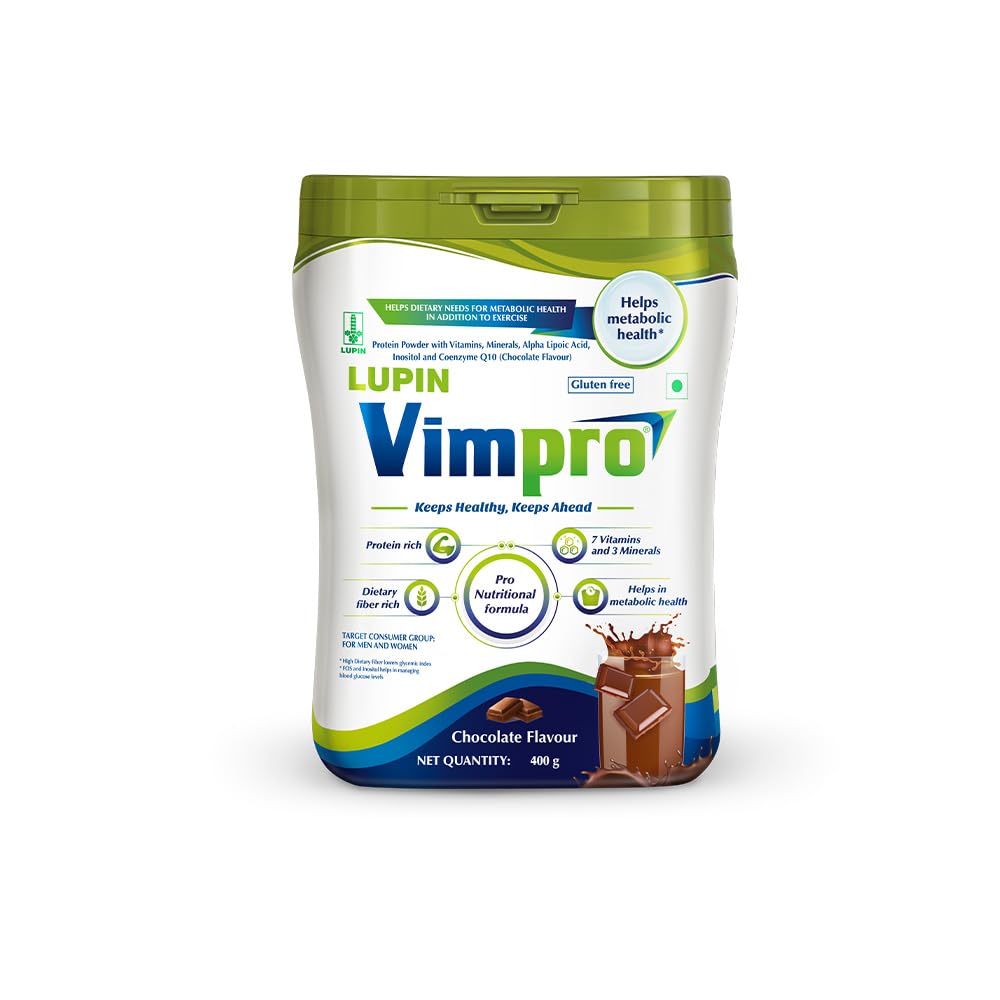 Lupin Vimpro Nutritional Chocolate Protein Powder, Supports Muscle Strength & Growth, Helps in Heart and Brain Health, Helps in Recovery, No Gluten, Protein Supplement with CoQ10, ALA, Inositol & FOS, With Vitamin Minerals & Protein, 400g
