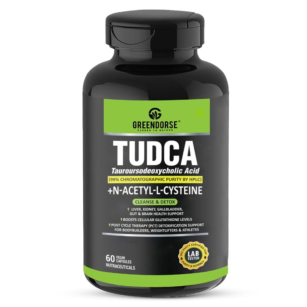 GREENDORSE TUDCA + NAC (N-Acetyl cysteine) supplement 99% purity| Liver, Kidney, Heart, all Organs Support| On/Post Steroid & Supplementation Cycle Support for Bodybuilders, Weightlifters & Athletes- 60 Capsules