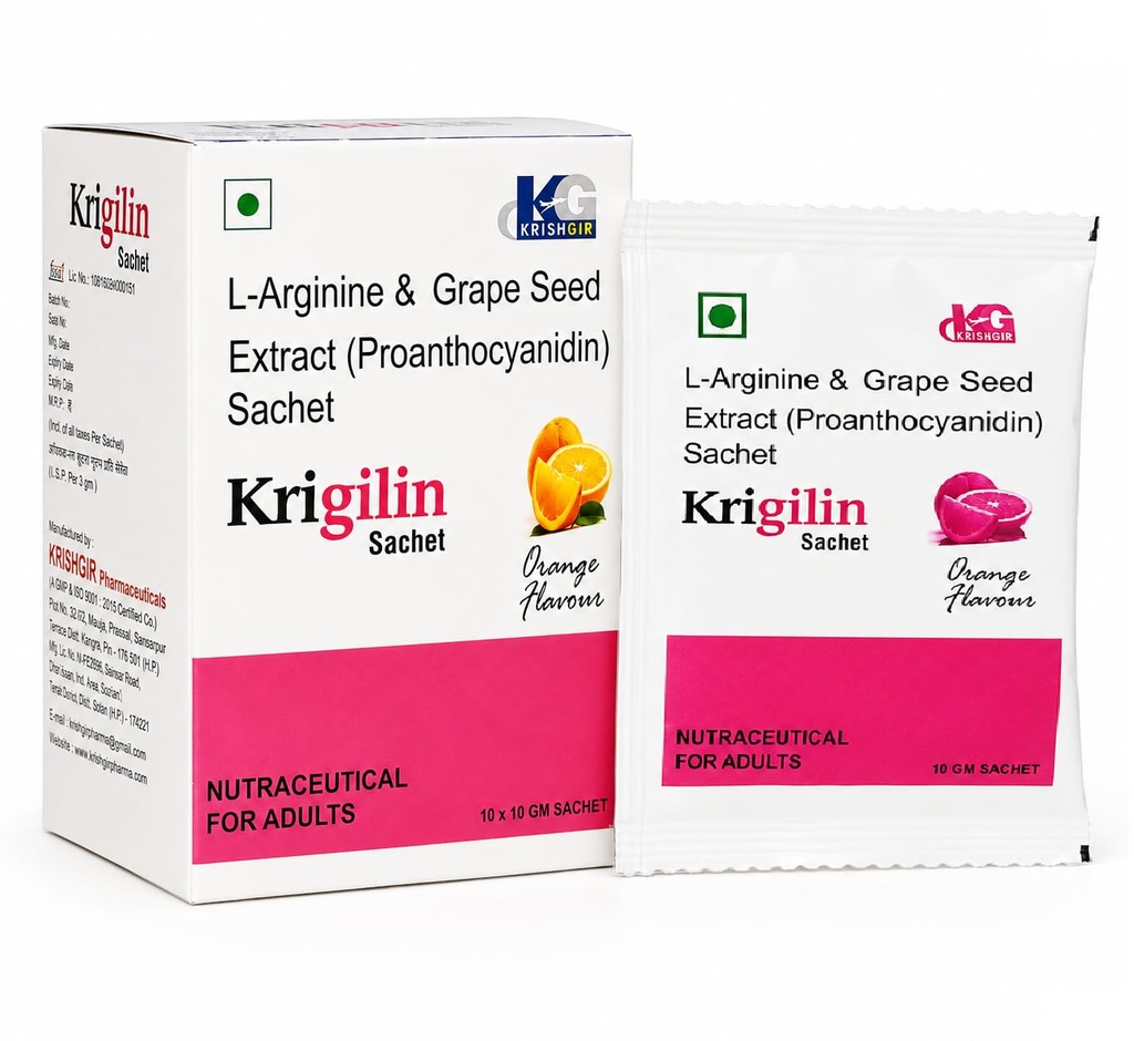 Krigilin 3g L-Arginine Powder with Grape Seed Extract Sachets | Supports Stamina, Blood Flow & Muscle Recovery Pre-Workout Supplement & Anti Oxidant Support For Men & Women | No Added Sugar | Orange Flavour - Each 10g Sachet | (Pack of 10 Sachets)