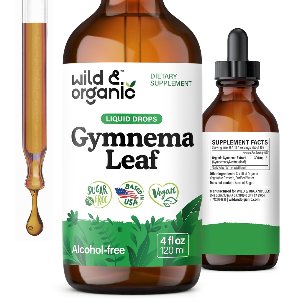 Wild & Organic Gymnema Sylvestre Extract Drops - Sugar-Free Gymnema Sylvestre Supplements - Gurmar Powder Based Tincture - Vegan, Alcohol-Free Leaf Liquid Drops - 4 fl oz