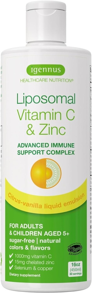 Hoge absorptie Liposomale vitamine C 1000mg & Zinkbisglycinaat, 30-90 Servings, Liquid Immune Support for Adults & Kids 5+, Non-GMO, Sugar-Free, Citrus & Vanilla Flavor, by Igennus